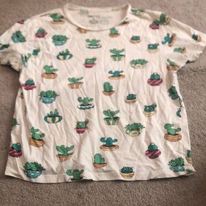 On Fire White and Green Cactus Print Short Sleeve Tee